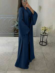 Women's Elegant Middle Eastern Style Sleeveless Robe And Bowknot Long Cardigan Two Pieces Set Eid Spring - Navy Blue - View 5