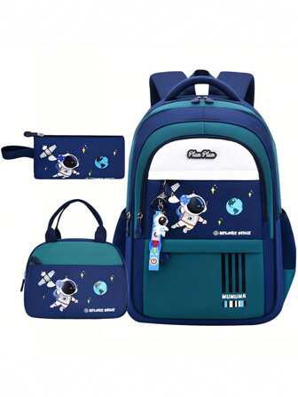 3pcs Astronaut Printed Backpack Set, Large Capacity Multi-Compartment Design, Zipper Closure, Adjustable Breathable Shoulder Strap, Anti-Slip Back Pad, Suitable For Middle & High School Students, Unisex Backpack, Back To School Gift
