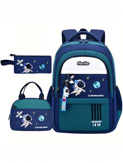 3pcs Astronaut Printed Backpack Set, Large Capacity Multi-Compartment Design, Zipper Closure, Adjustable Breathable Shoulder Strap, Anti-Slip Back Pad, Suitable For Middle & High School Students, Unisex Backpack, Back To School Gift
