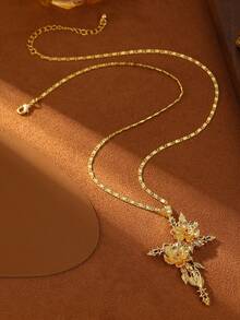 1pc 18K Gold Plated Luxury Diamond Rose Flower Pendant Necklace, Specially Designed For Women's Wedding, Exquisite Craftsmanship Showcasing Elegance And Uniqueness, Comes With Velvet Bag - Gold - View 15