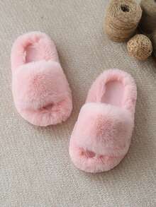 Fashionable & Simple Girls' Plush Slippers, Solid Color, Minimalist Design, Warm Fuzzy Winter House Shoes - Pink - View 4