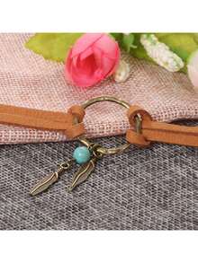 1 件复古欧式美式青铜树叶吊坠几何圆形皮革颈链