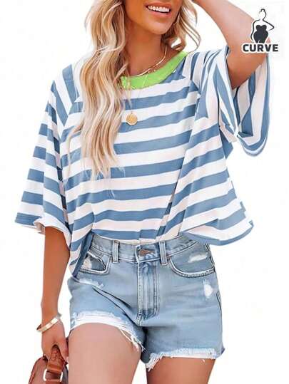 Plus Size Casual Minimalist Striped Pattern Round Neck Short Sleeve Loose Women's T-Shirt, Suitable For Summer, Plus Size T Shirt