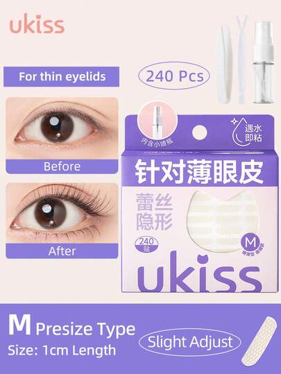 ukiss 240Pcs Lace Double Eyelid Tapes For Large Hidden Double Eyelids, Sticks To Water, No Glue Required,With Plastic Watering Can + Tweezers + Adjustment Stick, Hooded Eye Lift, Naturally Invisible, Free Eye Lift For Uneven Or Single Eyelids, Eye Makeup Tool, Cheap, Gift