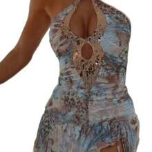 V-Neck Sexy Hot Girl Sleeveless Halter Neck Backless Sequined Stitching Dress - 花色 - 查看 6