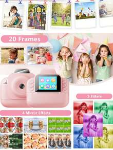 1 Pezzo Fotocamera istantanea per bambini, Schermo HD da 2,4", Zoom digitale 16X, Video 1080P, Lettore MP3, 20 cornici e 5 filtri, 4 effetti specchio, 3 rotoli di carta per stampa inclusi, Ricarica USB Type-C, Dotata di cordino per fotocamera, Graffiti personalizzati divertenti, Batteria ad alta capacità da 1300mAh
