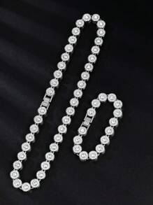 2pcs/Set European & American Fashion Men's Round Ice Sugar Rhinestone Necklace, Street Dancehall Hip-Hop Brand, Simple & Chic, Unisex Accessory, Cuban Chain, Holiday Gift