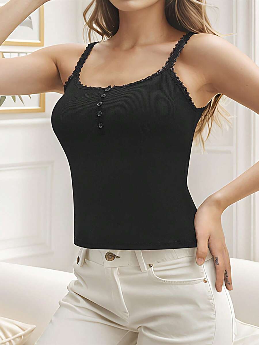女士柔软舒适蕾丝边吊带背心 - 黑色 - 查看 1
