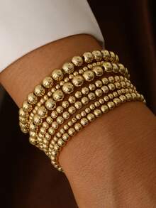 7pcs Elastic Handmade Beaded Bracelet Set, Universal Design With CCB Round Beads - Yellow Gold - View 9