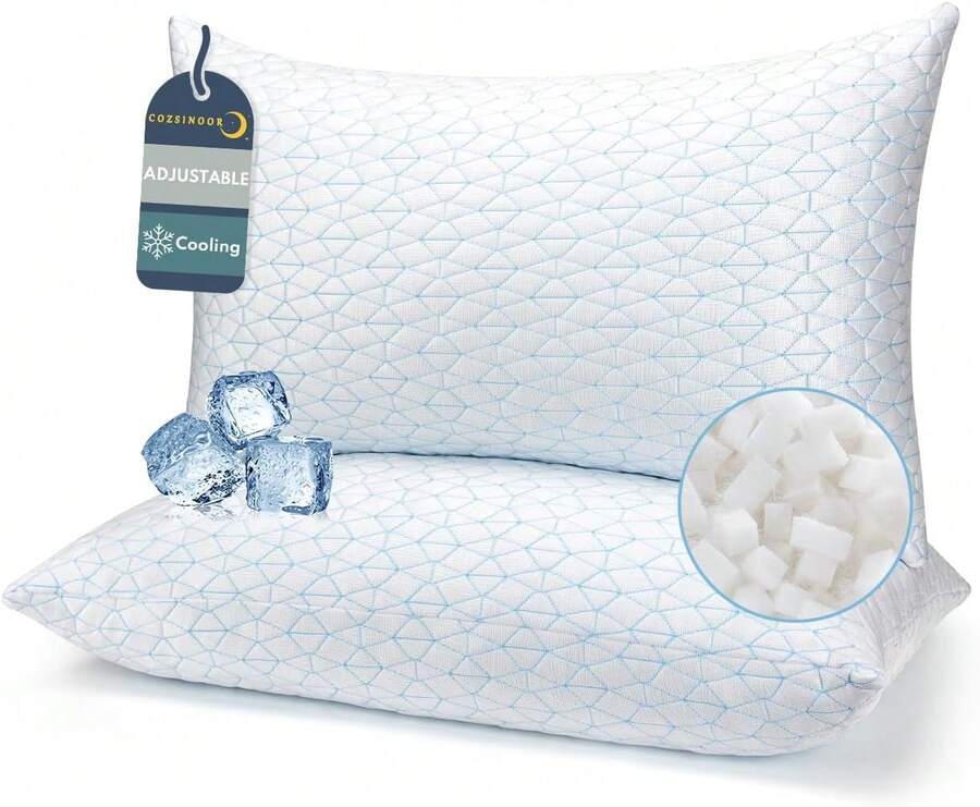 Cooling Pillows Queen Size Set Of 2 For Sleeping - Adjustable Shredded Memory Foam Pillows 2 Pack, Cool Bed Pillows For Back, Side And Stomach Sleepers, Gel Pillow Removable Cover Washable,8644596