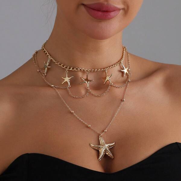 1pc Vintage Multilayer Starfish Necklace, Casual Beach Vacation Accessory, Versatile & Unique Daily Wear