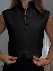 Áo tank top không tay thanh lịch dành cho nữ, chất liệu vải dệt màu trơn, kiểu dáng thường ngày mùa hè màu đen. - màu đen - Xem 5
