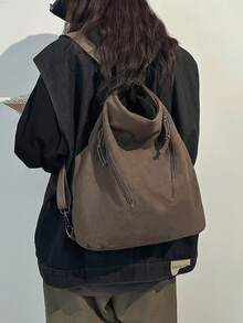 1pc Multipurpose Canvas Shoulder Bag For Women, Casual Crossbody Bag With Zipper Pockets, Suitable For Outings And Gatherings - Brown - View 1