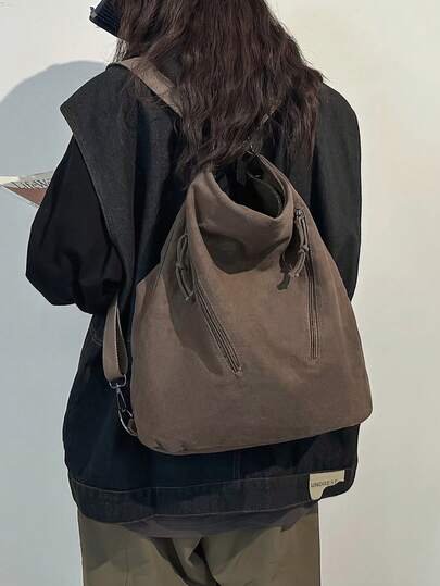 1pc Multipurpose Canvas Shoulder Bag For Women, Casual Crossbody Bag With Zipper Pockets, Suitable For Outings And Gatherings