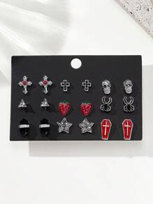 9 Paar Gothic Stil Spitzen Anhänger Set mit Kreuz, Herz, Stern, Spinne, Totenkopf Motiven, vielseitig einsetzbare Party Socken