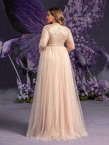 Faeriesty Váy dạ hội dài chấm đất, cổ chữ V, tay áo 7/7, chất liệu sequin và vải tuyn cỡ lớn dành cho phụ nữ mang thai Dressalisa kèm chân váy lưới cỡ lớn dành cho tiệc cưới, tiệc chia tay cuộc sống độc thân và các sự kiện trang trọng – Đầm dạ hội thanh lịch dành cho bà bầu - Rượu sâm banh - Xem 3