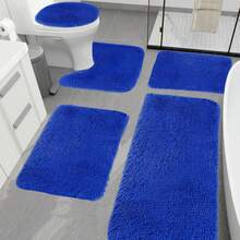 5-Piece Bathroom Rugs Set - Ultra Soft Velvet Fleece Mats, Non-Slip Absorbent Machine Washable, Contour & Toilet Lid Cover, Rectangular Mats For Modern Bathrooms, Thick Pile Foot Massage, Perfect For Bedroom Decor, Tub, Toilet Floor, Shower Room - Màu xanh lam - Xem 2