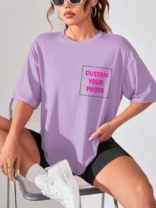 定制个性化礼物，定制女士T恤，定制前后图案上衣，可添加您的照片（图案/Logo/全家福/自拍/宠物/情侣照），背面可添加文字和照片，选择您喜欢的文字，设计您专属的个性化印花T恤，送给女朋友的夏季礼物。 - 紫色 - 查看 2