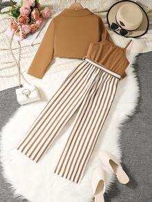 2pcs/Set Girls' Spring/Autumn New Jumpsuit Set, Girls' Brown Lapel Long Sleeve Shirt + Sleeveless Striped Jumpsuit Pants, Teenage Simple Comfortable Skin-Friendly Casual Outfit, Girls' Fashion Resort Entertainment Leisure Childrenswear - 棕色 - 查看 2