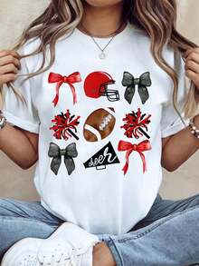 Casual Women's Short Sleeve Round Neck T-Shirt With Cartoon And Plant Pattern, Regular Length Knitted Fabric Top With Appliques - 白色 - 查看 1