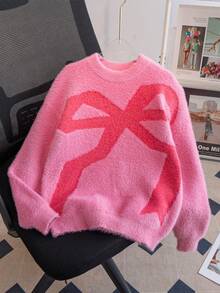 Girls' Street Style Bow Knit Sweater, Faux Fur Trim, Suitable For Casual Wear In Spring, Autumn And Winter
