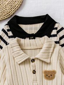 4 件套婴儿秋季新款毛绒罗纹 Polo 领可爱熊连体衣和帽子休闲时尚服装，男女通用 - 彩色 - 查看 5