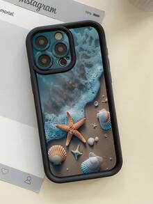 1pc Starfish & Shell Pattern Protective Phone Case With Precise Hole Design, Anti-Fall Thick Black Phone Case Compatible With IPhone 11 Pro Max, 12 Pro Max, 13 Pro Max, 14 Pro Max, 15 Pro Max, 16 Plus, 16 Pro Max, 16E, Galaxy A55, Galaxy A15, Galaxy S24 Ultra, Redmi, OPPO, Realme, VIVO, Infinix, Honor, MOTO, One Plus - Black - View 3