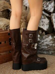 女士高筒靴，厚底，2025增高，2025新款过膝长靴，适合娇小身材，棕色，复古骑士靴，TPR材质，拉链和铆钉装饰，适合户外、节日、派对、秋冬，时尚靴子 - 棕色 - 查看 6