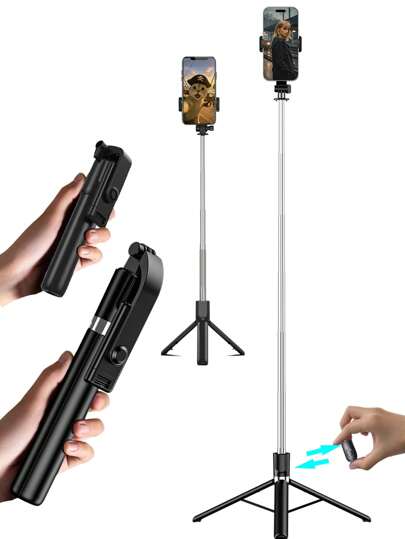 170cm/67インチの伸縮式アルミ製自撮り棒三脚、補助光とBluetoothリモコン付き、iPhone/Androidスマートフォンに対応 - 旅行、Vlog、ライブストリーミング、屋外写真撮影用、Vloggerや旅行用の自撮り棒伸縮式ポータブルスタンド - どこでもインフルエンサーのように撮影できます。ベストセラー！