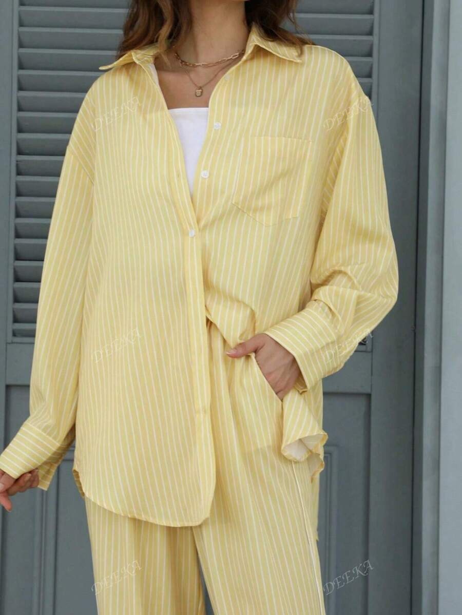 DEEKA Chemise longue ample à simple boutonnage rayée à manches longues pour femmes, printemps/été
