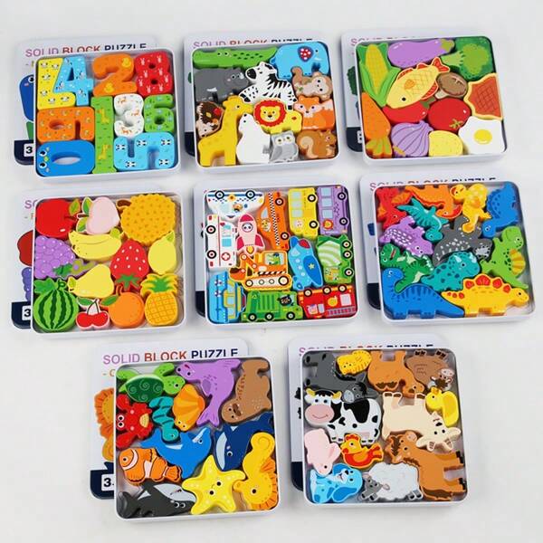 Rompecabezas tridimensional de madera para niños con animales, transporte, frutas y bloques de construcción. Juego de rompecabezas educativo temprano, herramienta de enseñanza Montessori para el desarrollo de la inteligencia infantil. Juguete portátil de bloques de construcción con paneles de dibujos animados de animales.