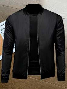 Chaqueta de béisbol casual de manga larga con cremallera y unicolor para hombres - Negro - Ver 10