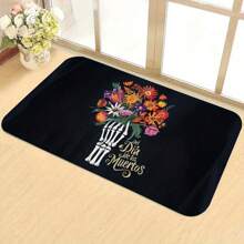 Floral Skull Design Area Rug, Non-Slip Polyester Floor Mat For Bedroom, Living Room, Kitchen, Laundry Room, Doorway - Indoor Use, Machine Washable, Festive Decoration For Christmas, Halloween, Thanksgiving ,Luxury Velvet Carpet - High-Quality Lightweight Washable Rug, Soft & Fluffy, Durable Non-Slip Short Pile Carpet