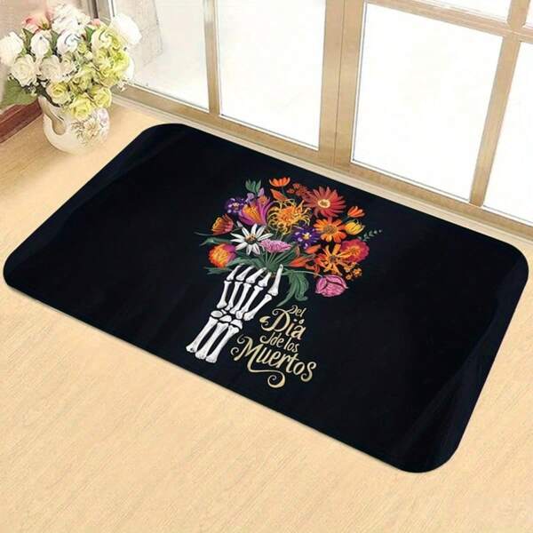 Floral Skull Design Area Rug, Non-Slip Polyester Floor Mat For Bedroom, Living Room, Kitchen, Laundry Room, Doorway - Indoor Use, Machine Washable, Festive Decoration For Christmas, Halloween, Thanksgiving ,Luxury Velvet Carpet - High-Quality Lightweight Washable Rug, Soft & Fluffy, Durable Non-Slip Short Pile Carpet
