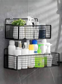1/2pcs Wall Mounted Storage Rack, Hole-Free No Drill Organizer Basket, Multi-Function Storage Basket, Hole-Free Design, Low Allergy Metal, Suitable For Bathroom And Kitchen Organization, Great For Shampoo, Soap And Essentials, Bathroom Organization And Storage