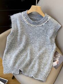 Embellished Beaded & Sequin Knit Solid Color Women Sweater Vest, Retro Chic, Versatile Spring Fashion - Grey - View 3