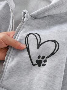 Áo nỉ có mũ lót nhiệt in hình trái tim thời trang thu đông 2024 cho bé gái mới lớn, đa năng, thường ngày, có khóa kéo - Xám - Xem 4