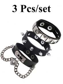 Xiacheng 1/3件装朋克铆钉手链 - 可调节尖刺皮革腕带，男女通用哥特摇滚配饰，Y2K Grunge 时尚饰品 - 彩色 - 查看 7