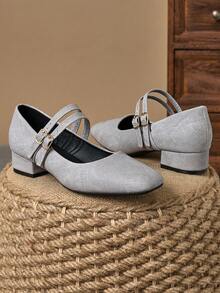 MonaNise 女士3厘米布面包跟黑色时尚百搭藏蓝色、咖啡色、酒红色低跟粗跟优雅玛丽珍平底鞋 - 淺灰色 - 查看 3