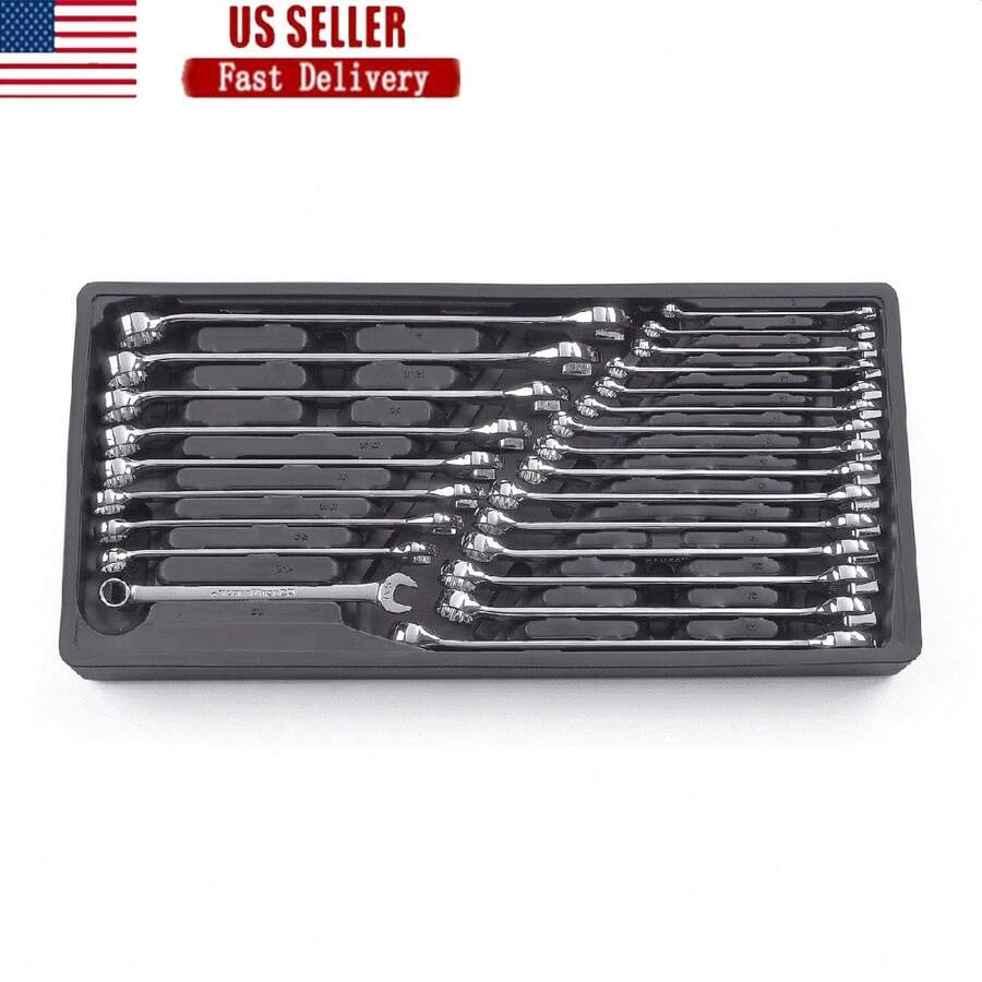 24 Piece Long Pattern SAE Metric Wrench Set Non Ratcheting Surface Drive Plus Blow Mold Tray Enhanced Torque Fastener Access - 彩色 - 查看 1