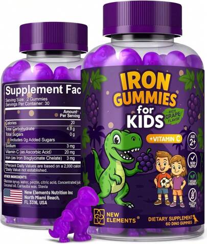 New Elements Iron Dinosaur Gummies For Kids With Vitamin C |   Sugar-Free, Vegan, Gluten-Free & Non-GMO |   Anemia Relief, Energy & Blood Health Support |   Grape Flavor, Pectin-Based For Optimal Healthtxpbjp1