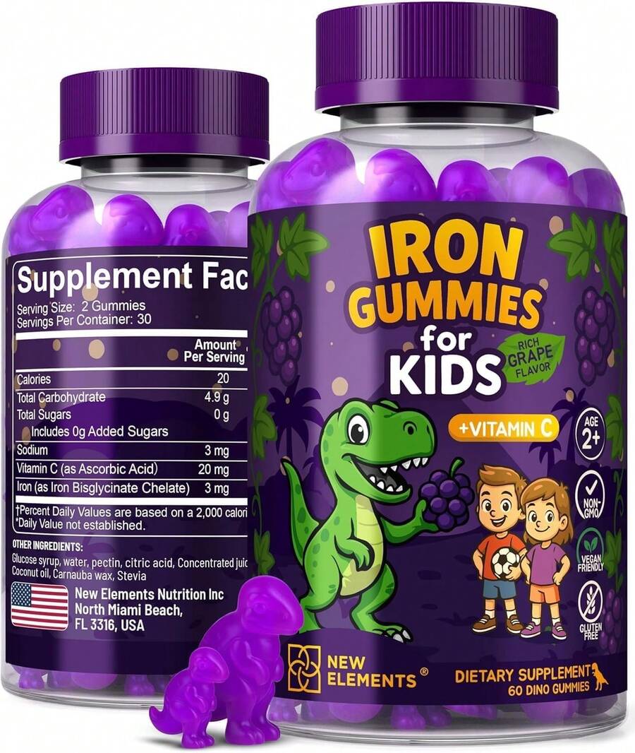 New Elements Iron Dinosaur Gummies For Kids With Vitamin C |   Sugar-Free, Vegan, Gluten-Free & Non-GMO |   Anemia Relief, Energy & Blood Health Support |   Grape Flavor, Pectin-Based For Optimal Healthtxpbjp1