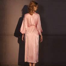 Women's Jacquard Nightgown Women's Spring And Autumn Long Bathrobe Bath Skirt Ice Silk High-Grade Satin Home Clothes Single Robe Can Be Worn Outside - 粉色 - 查看 2