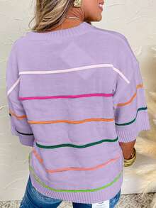 Acelitt Casual Contrast Stripe Off-Shoulder 3/4 Sleeve Ribbed Crew Neck Knit Top, Suitable For All Seasons