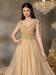 Váy dạ hội thanh lịch dành cho bé gái tuổi teen Alisa&Leo - Tay lửng có thân áo đính sequin, chân váy xếp nếp bằng vải tuyn cho tiệc tốt nghiệp, trang phục dự tiệc cưới, dạ hội và sự kiện trang trọng cao cấp - Rượu sâm banh - Xem 5