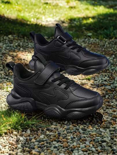 1 Pair Kids Shoes, New Spring Children's Sneakers, Solid Black PU Patchwork Thick Sole Little Black Shoes, Low-Top , Elementary School Boys & Girls Campus Casual Shoes, Street & Outdoor Running Training Shoes, Suitable For Children's Day, Spring Festival, Easter, Labor Day And Other Holidays