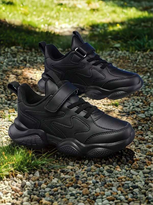 1 Pair Children's Autumn Sports Shoes, Solid Color Fashion, PU Patchwork, Low-Top, Convenient Hook And Loop, Street & School, Boys & Girls, Casual Shoes, Lightweight EVA, Shock-Absorbing Outsole, Outdoor & Running