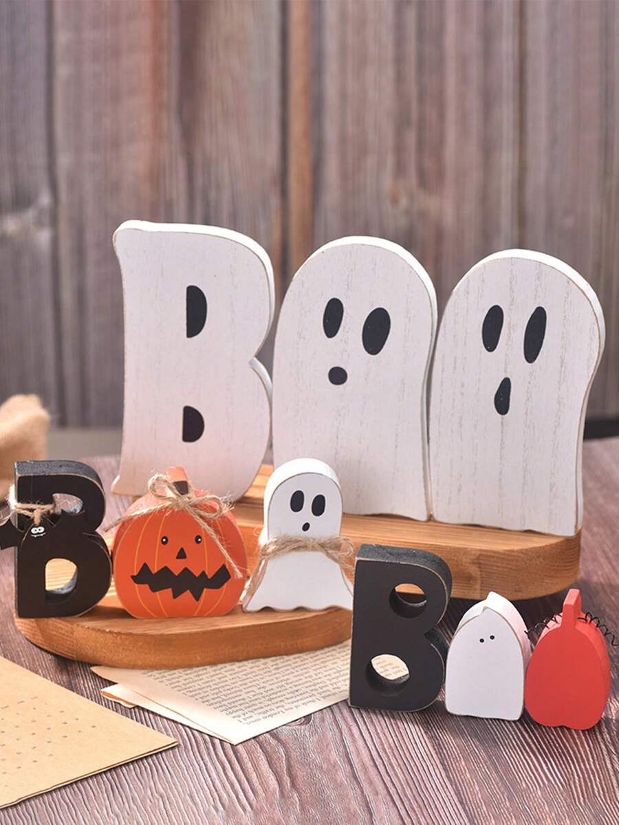 3pcs BOO Halloween Wooden Decorative Ghost Figurine, Cute Ghost Pumpkin Figurine, Available In Large, Medium And Small Sizes. Suitable For Halloween, Table Decor, Tray Decor, Room And Bedroom Decor, Festival Gifts, And Party Gifts