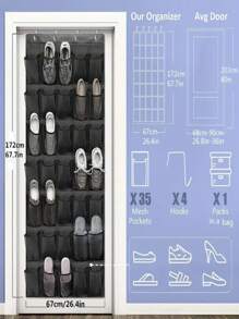 1pc Large Capacity Over The Door Hanging Shoe Storage Bag, Wardrobe Organizer Bag With Multi-Compartments For Socks And Household Items, Casual Style Non-Woven Fabric Hanging Storage Bag For Shoes