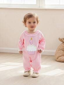 Baby Girls Birthday Romper Cake Embroidery Long Sleeve Ruffled Round Neck Full Length Jumpsuit - Pink - View 4